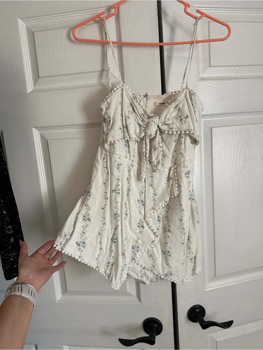 Cream Floral Tie-Front Romper with Pom Trim